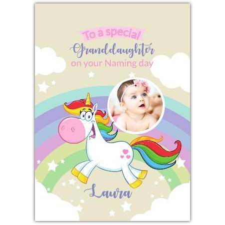 Personalised Unicorn Naming Day Card for Granddaughter with Photo and Rainbow Design