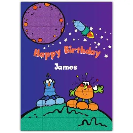 Personalised Happy Birthday Card with Cute Aliens Rocket and Planet Design for Kids