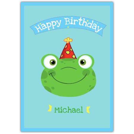 Personalised Happy Birthday Card with Frog Wearing Party Hat for Kids