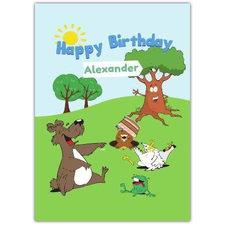Personalised Happy Birthday Card with Cartoon Tree Bear Frog Chicken and Mole for Kids