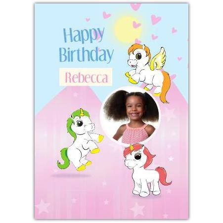 Personalised Happy Birthday Unicorns Photo Upload Card for Girls with Pink Background
