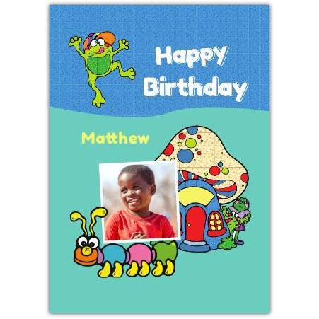 Personalised Kids Happy Birthday Card with Mushroom and Caterpillar Photo Upload