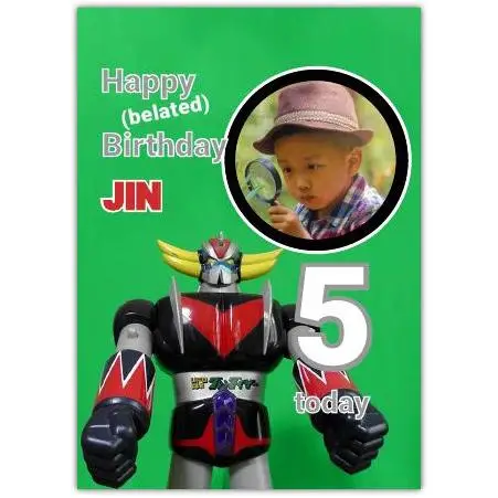 Personalised Happy Belated Birthday Card with Toy Robot and Photo for Kids Age 5