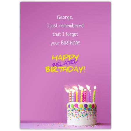 Personalised Happy Belated Birthday Card with Colourful Candles on Pink Background