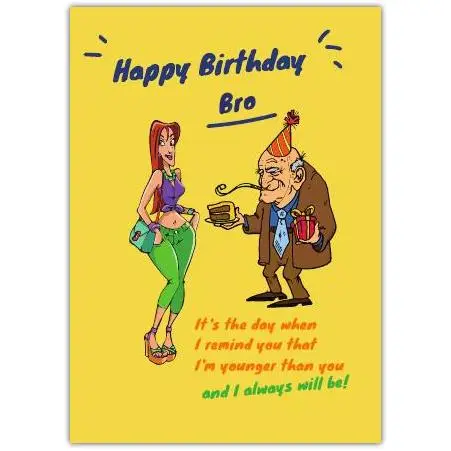 Humorous Happy Birthday Brother Card Yellow Background with Old Man and Woman Illustration