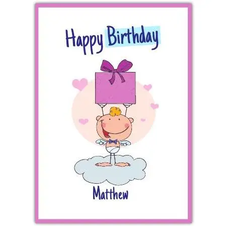 Personalised Happy Birthday Card with Cute Angel Holding Gift for Child or Baby