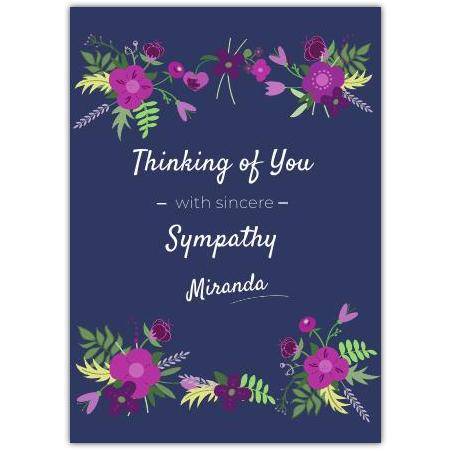 Thinking of You Sympathy Card with Purple Floral Design on Dark Blue Background