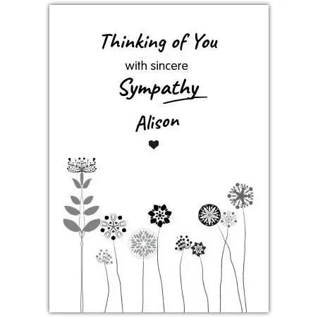Personalised Thinking of You Sympathy Card with Floral Design in Black and White