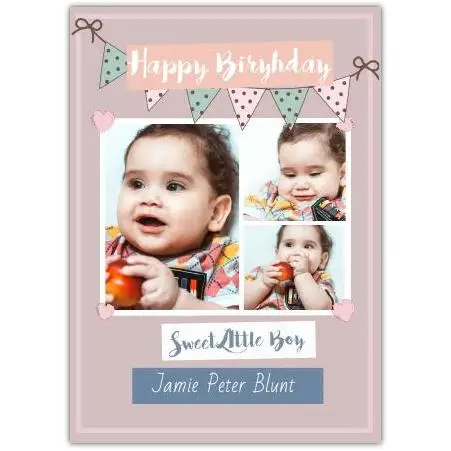 Personalised Happy Birthday Card for Baby Boy with Pink Banner and Hearts Design