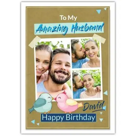 Personalised Happy Birthday Card for Husband with Photo Collage and Cute Birds Design