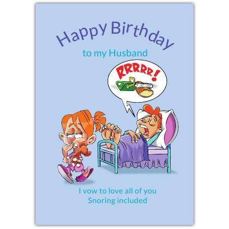 Funny Happy Birthday Card for Husband with Snoring Man Illustration