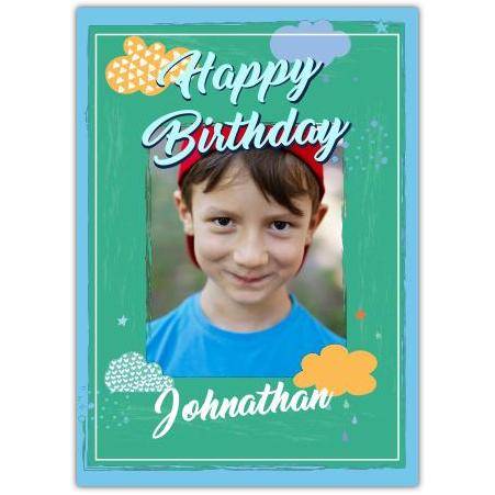 Personalised Boys Happy Birthday Card Green Background with Clouds and Photo Upload
