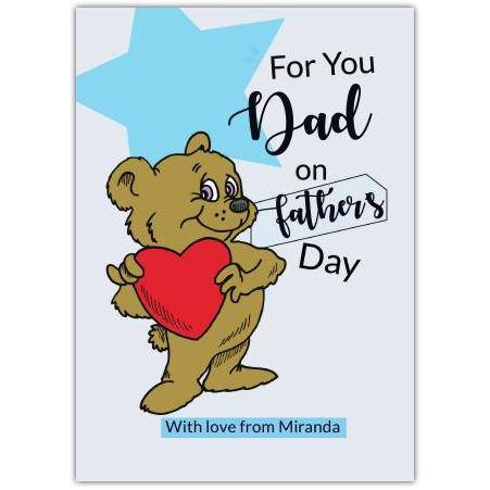 Personalised Fathers Day Card Brown Bear Holding Red Heart with Blue Star Design