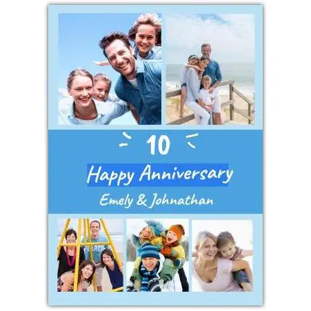 Personalised Blue Photo Gallery Happy 10th Anniversary Card with 5 Frames