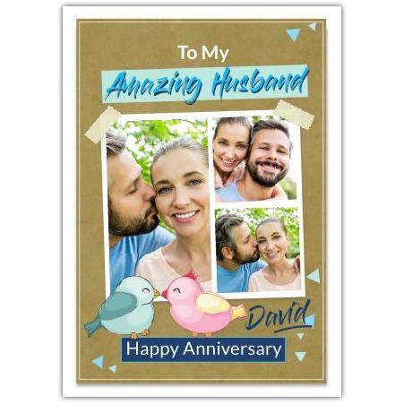 Personalised Happy Anniversary Card for Husband with Kissing Birds and Photo Collage