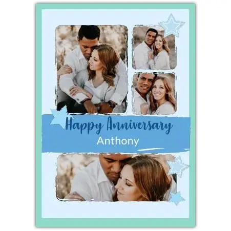 Personalised Happy Anniversary Photo Collage Card with Blue Green Star Watercolour Design