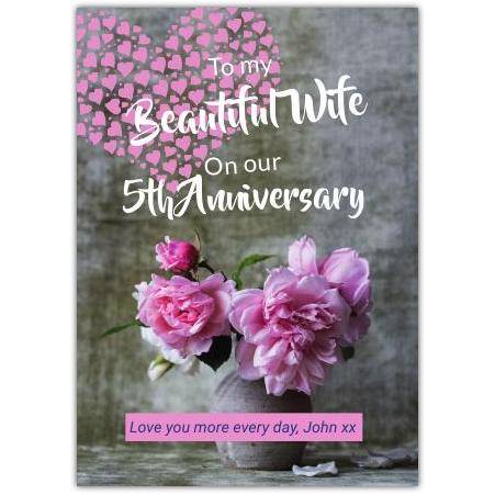 5th Anniversary Card for Wife with Pink Peonies and Loving Message in Vase Design