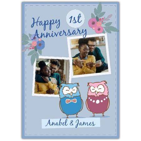 Personalised Happy 1st Anniversary Card with Two Owls and Photo Upload Blue Floral Design