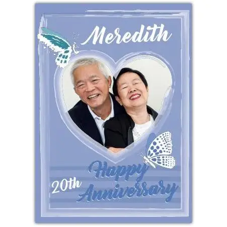 Personalised Happy 20th Anniversary Card with Purple Butterflies and Heart Photo Frame