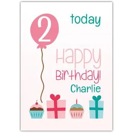 Personalised Age 2 Birthday Card with Cupcakes and Presents Design