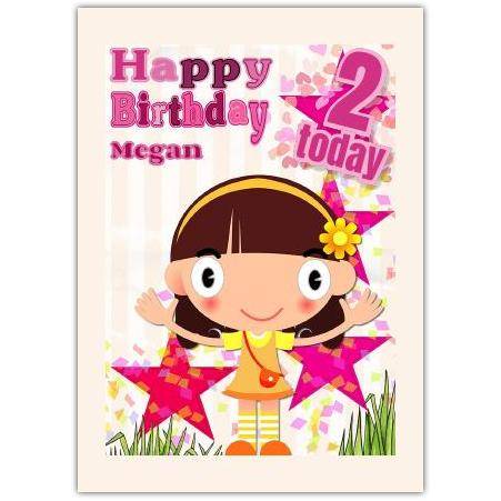 Personalised Happy 2nd Birthday Card for Little Girl with Stars and Cartoon Design