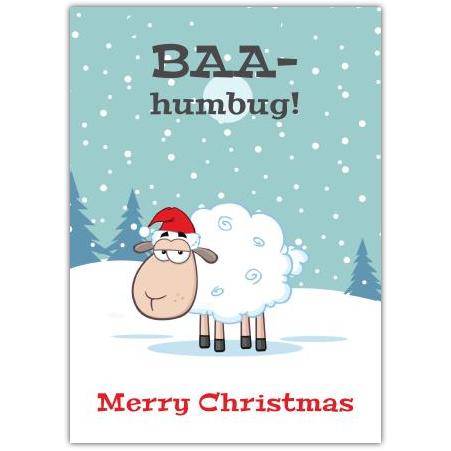 Funny Merry Christmas Sheep Humour Card with Baa Humbug Design in Snowy Scene