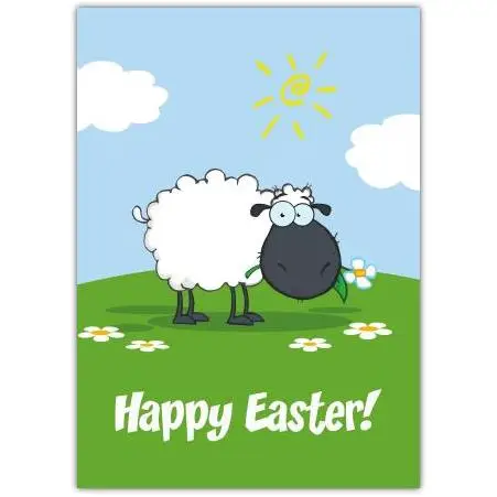 Happy Easter Card with Cute Cartoon Sheep Eating Daisy Spring Greeting