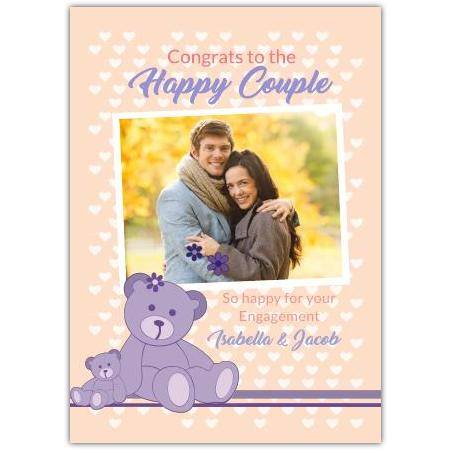 Personalised Congrats to the Happy Couple Engagement Card with Purple Bears and Photo Upload