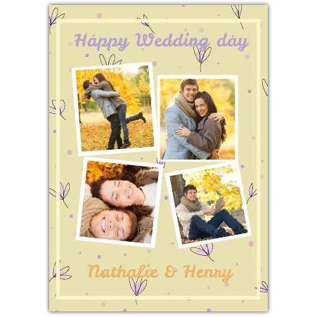 Personalised Happy Wedding Day Photo Collage Card with Yellow Floral Background
