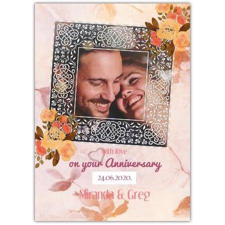 Personalised Anniversary Photo Frame Card with Floral Design and Custom Text