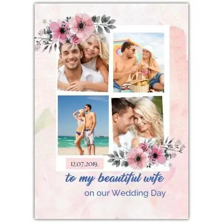 Personalised Wedding Day Card for Wife with Pink Flowers and Photo Collage Design