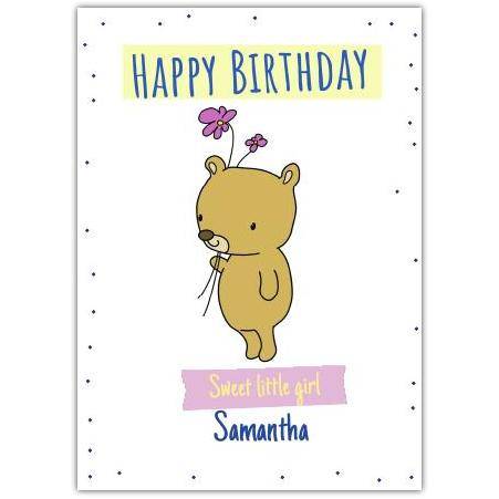 Personalised Happy Birthday Card for Girl with Teddy Bear Holding Flowers Design