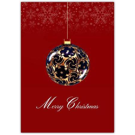 Elegant Gold and Blue Bauble Merry Christmas Card with Red Snowflake Background