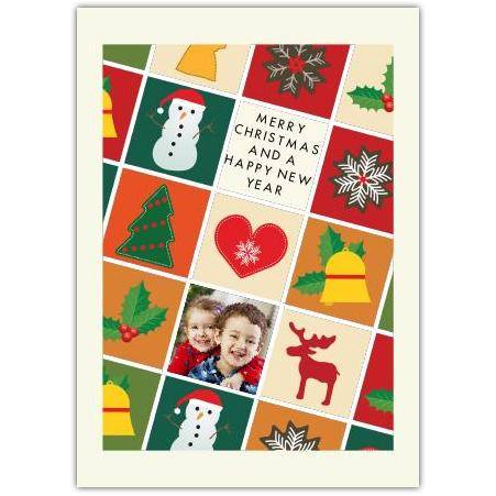 Personalised Merry Christmas and Happy New Year Photo Card with Festive Icons Design