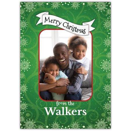 Personalised Green Merry Christmas Photo Card with Snowflakes and Family Name Banner