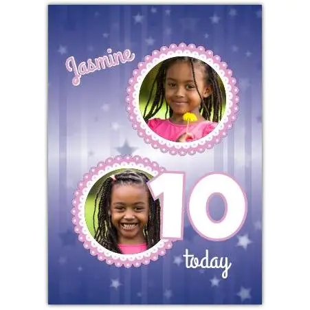 Personalised Purple Stars 10th Birthday Photo Card for Girls