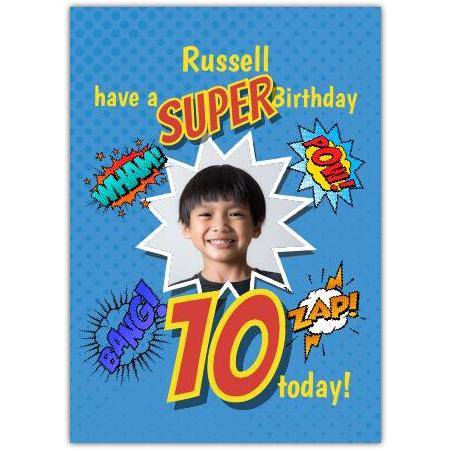 Personalised Superhero Comic Style 10th Birthday Card with Photo and Name
