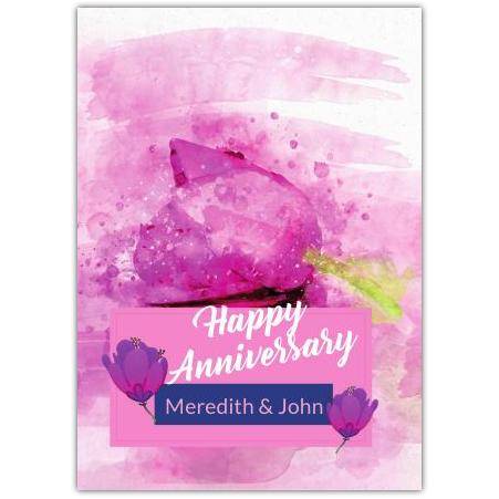 Personalised Happy Anniversary Card with Pink Tulip Watercolour Design