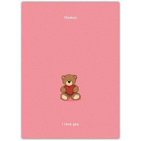 Personalised Cute Teddy Bear Holding Heart on Pink Background Greeting Card