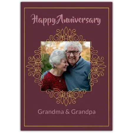 Happy Anniversary Card with Personalised Photo Golden Frame for Grandparents