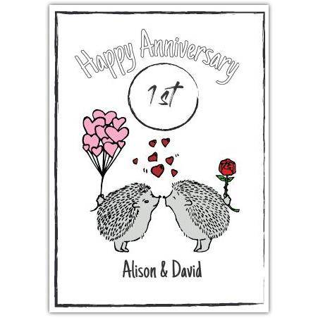 Personalised 1st Anniversary Card with Kissing Hedgehogs Hearts and Rose Design