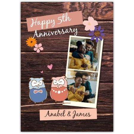 Personalised 5th Anniversary Card with Owls Wooden Background Photo Upload Option