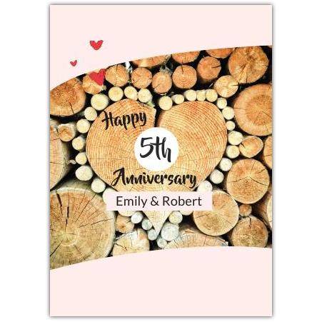 Personalised 5th Anniversary Card with Heart-Shaped Wood Design and Custom Names