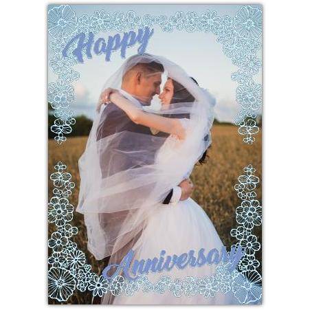 Personalised Blue Floral Frame Anniversary Card with Large Photo Upload Option