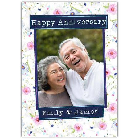 Personalised Happy Anniversary Card with Floral Pattern and Photo Upload Option