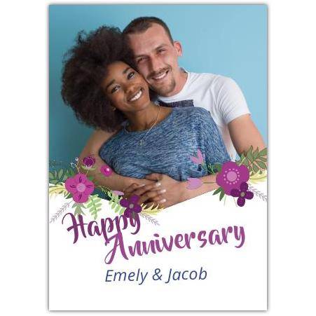 Personalised Happy Anniversary Card with Purple Flowers and Photo for Couples