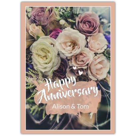 Personalised Happy Anniversary Card with Neutral Tone Roses Bouquet Design