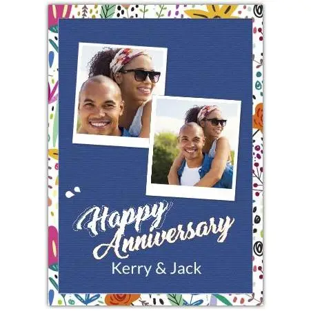 Personalised Happy Anniversary Card with Blue Floral Photo Frame Design