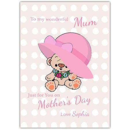 Mother's Day Card for Mum Teddy Bear Wearing Large Pink Hat with Floral Detail