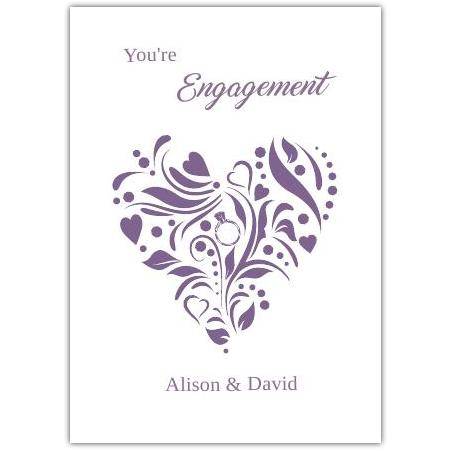 Personalised Purple Heart Engagement Congratulations Card with Ornament Design